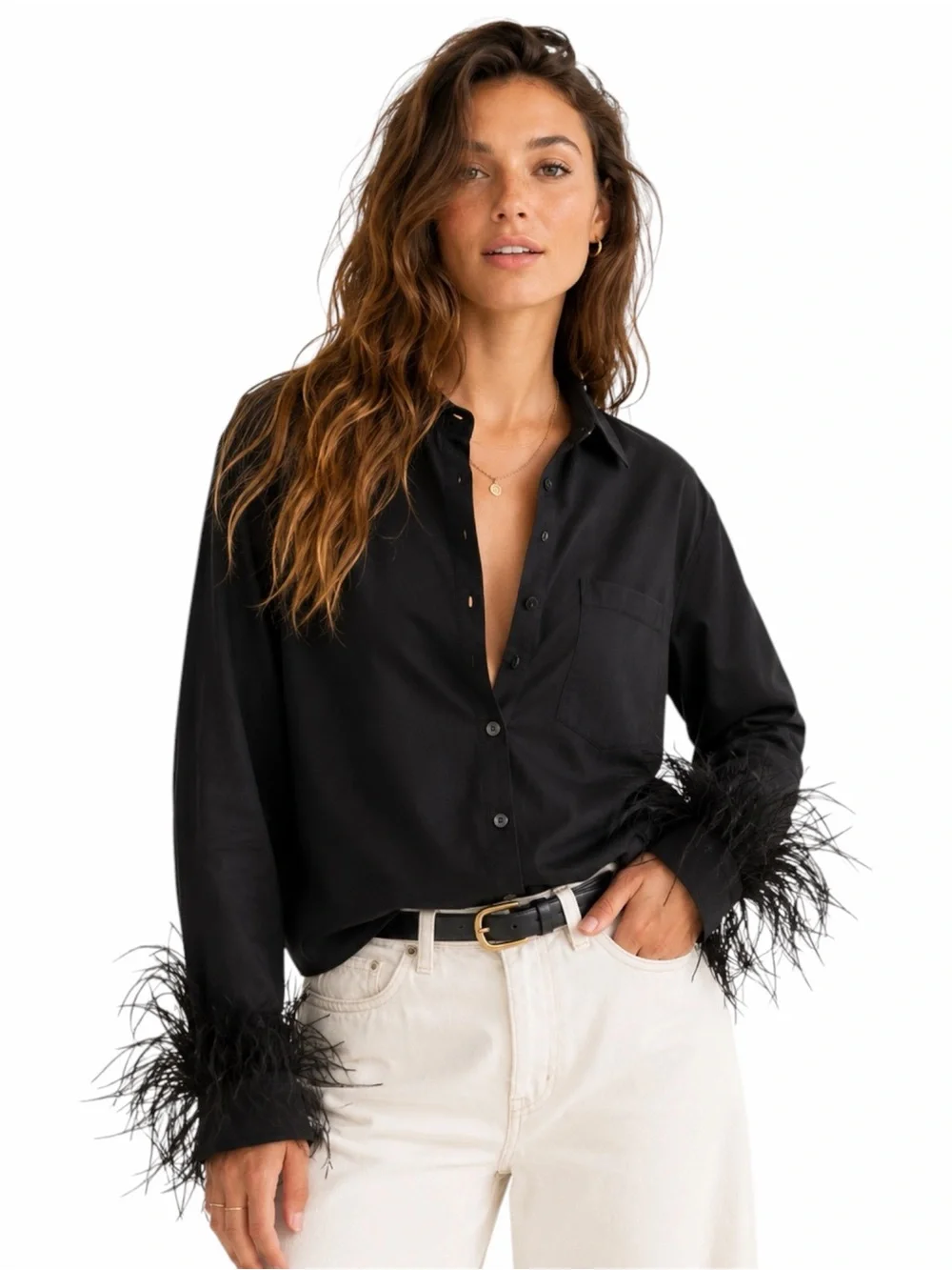 J.Crew Collection – Feather Cuff Button-Up Shirt – Black Cotton Poplin – Sz. 10